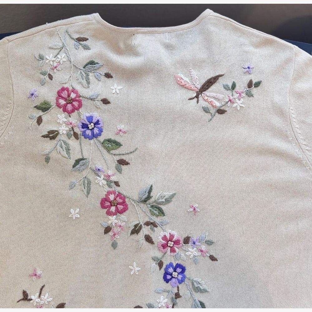Vintage 90s TIARA International Embroidered Floral Cardigan Silk Blend Cream Med - Picture 4 of 9